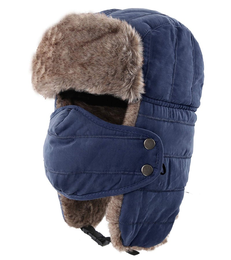 Connectyle Mens Womens Warm Trapper Hat Windproof Winter Hunting Aviator Hat with Ear Flap Navy Blue - Image 1